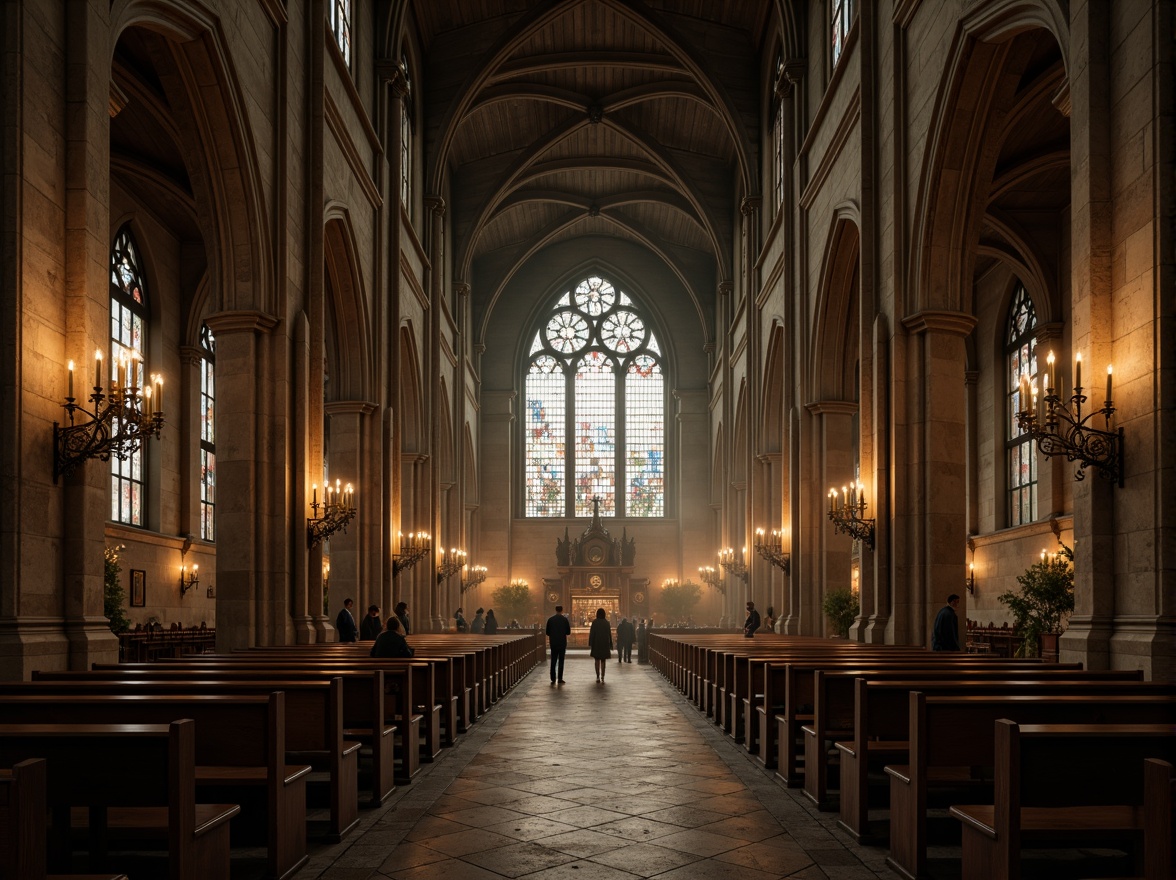 Prompt: Mysterious Gothic cathedral, khaki stone walls, ornate carvings, stained glass windows, grandiose vaulted ceilings, intricate archways, mystical ambiance, warm candlelight, eerie shadows, mysterious fog, misty atmosphere, dramatic lighting, 1/2 composition, low-angle shot, cinematic mood, rich textures, subtle grain.