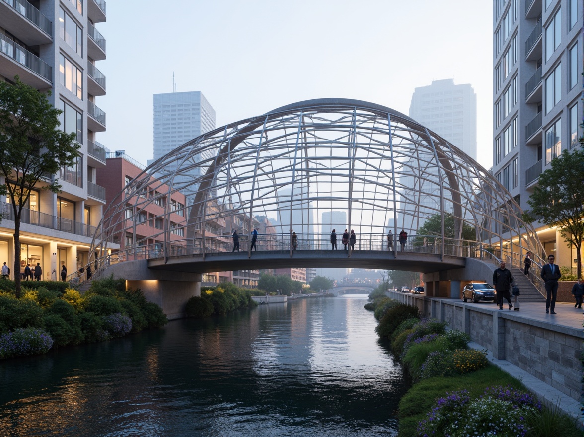 Prompt: Sleek aluminium pedestrian bridge, modern minimalist design, silver metallic latticework, curved lines, futuristic architecture, urban cityscape, misty morning atmosphere, soft warm lighting, shallow depth of field, 3/4 composition, panoramic view, realistic reflections, ambient occlusion, industrial materials, functional simplicity, structural elegance, pedestrian traffic flow, safety railings, LED lighting systems, nighttime illumination, riverbank scenery, waterfront promenade, lush greenery, vibrant flowers.