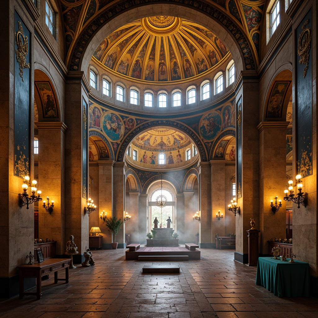 Prompt: Majestic Byzantine church, golden domes, intricate mosaics, rich jewel tones, warm beige stone walls, ornate frescoes, vibrant turquoise accents, regal purple hues, soft candlelight, atmospheric fog, mystical ambiance, high contrast lighting, dramatic shadows, symmetrical composition, ornate details, luxurious fabrics, antique textures, ancient artifacts.