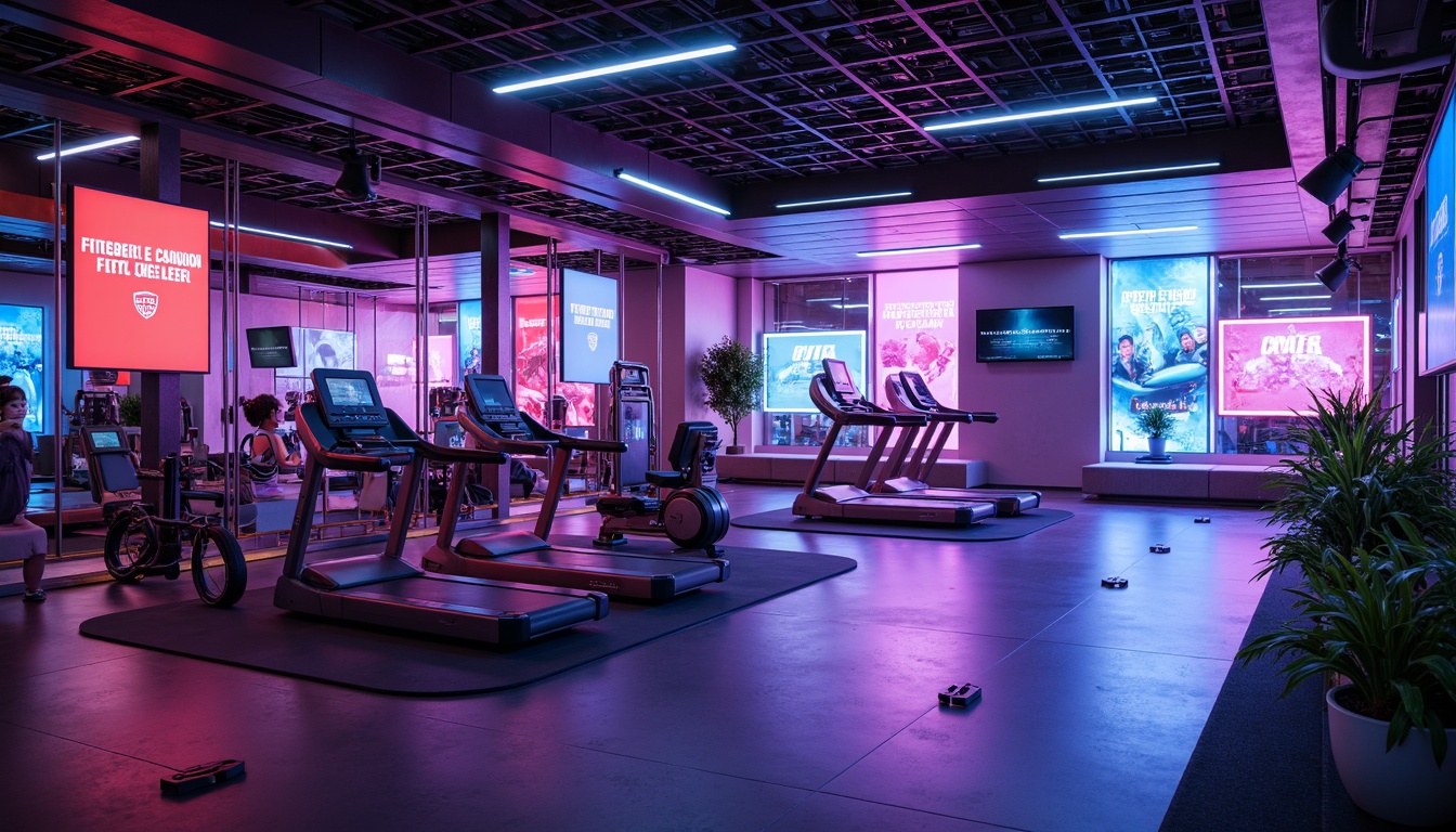 Prompt: Neon-lit fitness club, metallic surfaces, glossy floors, LED light installations, futuristic equipment, sleek machines, high-tech gadgets, virtual reality zones, holographic displays, iridescent color schemes, mirror-finish accents, polished chrome details, rubberized flooring, athletic tracks, minimalist decor, ambient lighting, shallow depth of field, 1/1 composition, cinematic view, realistic reflections, advanced materials, innovative textiles.