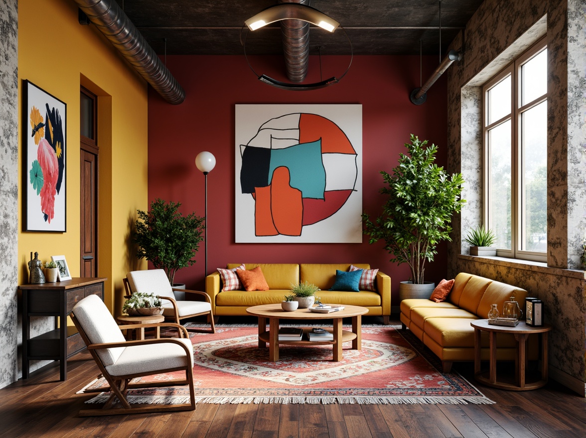 Prompt: Vibrant artistic studio, eclectic furniture, bold color blocking, contrasting textures, abstract artwork, statement lighting fixtures, industrial metal accents, reclaimed wood floors, bohemian-inspired rugs, natural stone walls, oversized windows, soft warm glow, shallow depth of field, 1/1 composition, realistic renderings, ambient occlusion.