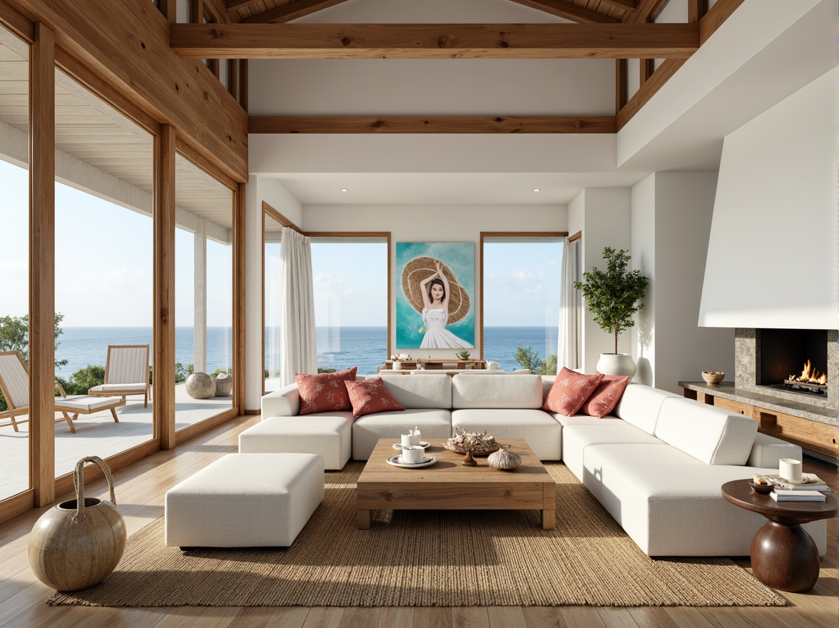 Prompt: Coastal living room, ocean-inspired color palette, driftwood accents, natural textiles, woven sea grass rugs, shell-adorned decorative pieces, floor-to-ceiling windows, sliding glass doors, beachy vibe, soft warm lighting, 1/1 composition, shallow depth of field, realistic wood textures, ambient occlusion, modern minimalist furniture, plush sectional sofas, reclaimed wood coffee tables, nautical-themed artwork, coral-patterned throw pillows, sea salt-scented candles, calming atmosphere.