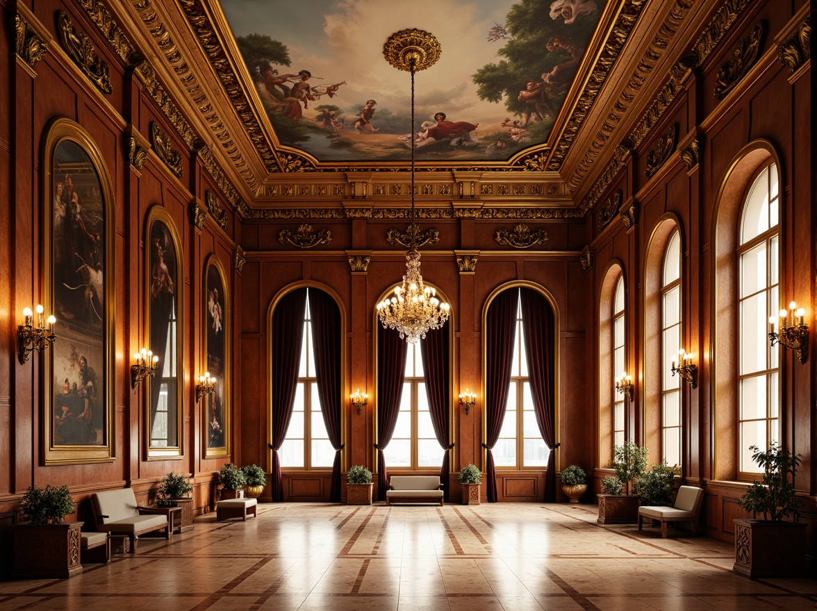 Prompt: Ornate gymnasium, rich wood paneling, gilded accents, intricate carvings, grand chandeliers, polished marble floors, ornamental mirrors, luxurious velvet drapes, regal throne-like seating, opulent crystal fixtures, dramatic archways, sweeping staircases, lavish fresco ceilings, warm golden lighting, soft focus photography, 1/2 composition, symmetrical framing, realistic reflections, ambient occlusion.