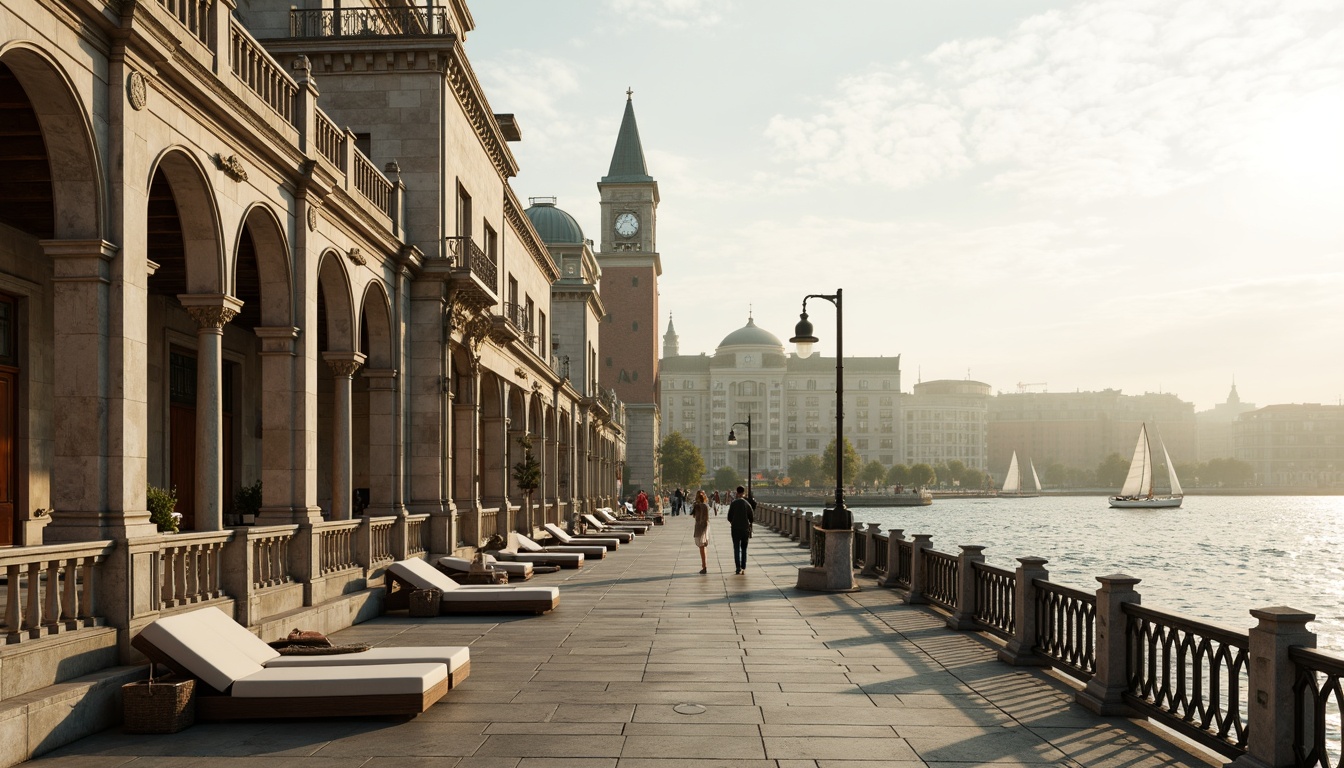 Prompt: Riverfront promenade, ornate balustrades, grandiose columns, symmetrical facades, classical arches, elegant cornices, limestone buildings, majestic clock towers, tranquil water reflections, sailboats, seagulls, misty morning atmosphere, warm golden lighting, shallow depth of field, 1/2 composition, panoramic view, realistic textures, ambient occlusion.