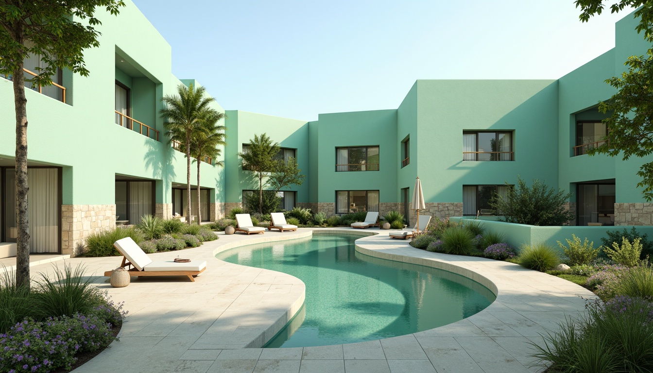 Prompt: Soothing mint-green buildings, soft pastel hues, calming atmosphere, natural stone foundations, curved lines, minimalist design, large windows, sliding glass doors, lush greenery, blooming flowers, serene water features, shallow reflective pools, warm sunny day, gentle misting systems, ambient occlusion, 3/4 composition, panoramic view, realistic textures, modern architecture, eco-friendly materials, innovative cooling technologies.