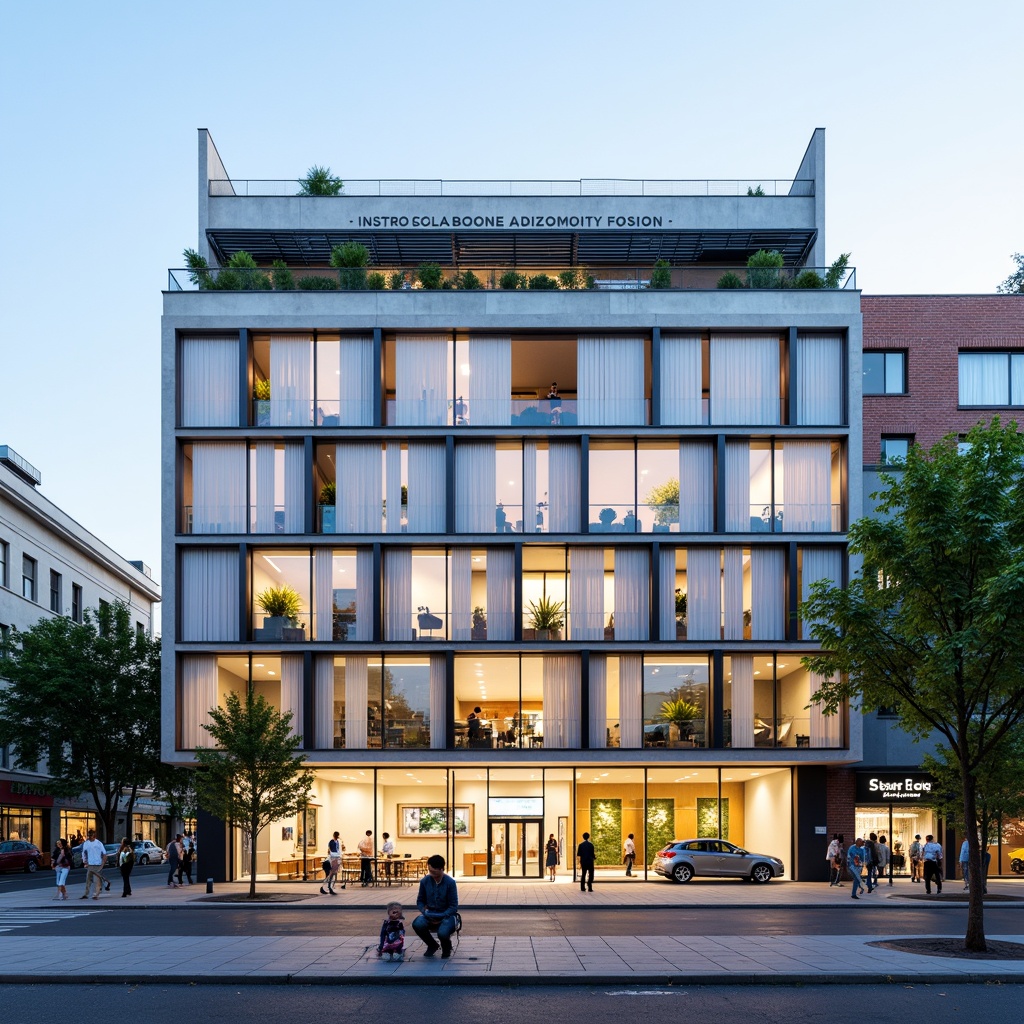 Prompt: Modern international school facade, clean lines, minimal ornamentation, rectangular forms, large glass windows, metal frames, cantilevered roofs, open balconies, vibrant colorful accents, educational signage, flagpoles, entrance canopies, wheelchair ramps, accessible entrances, natural stone cladding, brickwork details, sleek aluminum louvers, solar shading devices, energy-efficient systems, green roofs, urban cityscape background, busy streets, pedestrian traffic, sunny day, soft warm lighting, shallow depth of field, 3/4 composition, realistic textures, ambient occlusion.