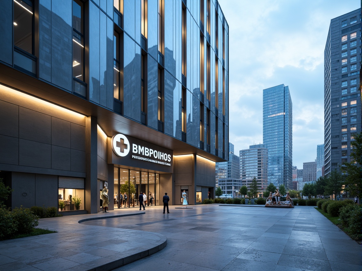 Prompt: Futuristic clinic exterior, sleek metal fa\u00e7ade, LED lighting strips, glass curtain walls, minimalist design, high-tech equipment, modern medical signage, stainless steel accents, polished concrete floors, futuristic sculptures, urban cityscape, cloudy blue sky, soft natural light, shallow depth of field, 3/4 composition, panoramic view, realistic reflections, ambient occlusion.