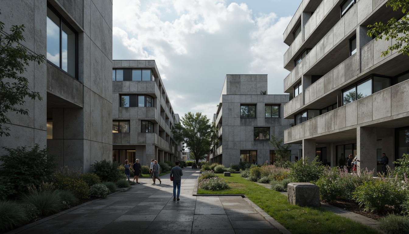 Prompt: Rugged university campus, brutalist architecture, raw concrete facades, fortress-like buildings, geometric shapes, industrial materials, metallic accents, bold color schemes, abstract sculptures, urban landscape, overcast skies, dramatic shadows, high-contrast lighting, cinematic composition, 1/2 frame ratio, atmospheric fog, realistic textures, ambient occlusion.