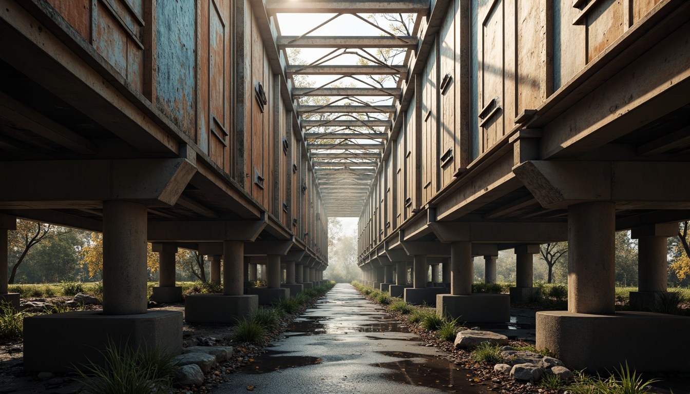 Prompt: Rustic steel bridges, industrial-era aesthetic, weathered metal textures, warm earthy tones, muted blue-grey hues, rich brown wood accents, natural stone foundations, misty atmospheric effects, soft golden lighting, shallow depth of field, 2/3 composition, cinematic view, realistic reflections, ambient occlusion.