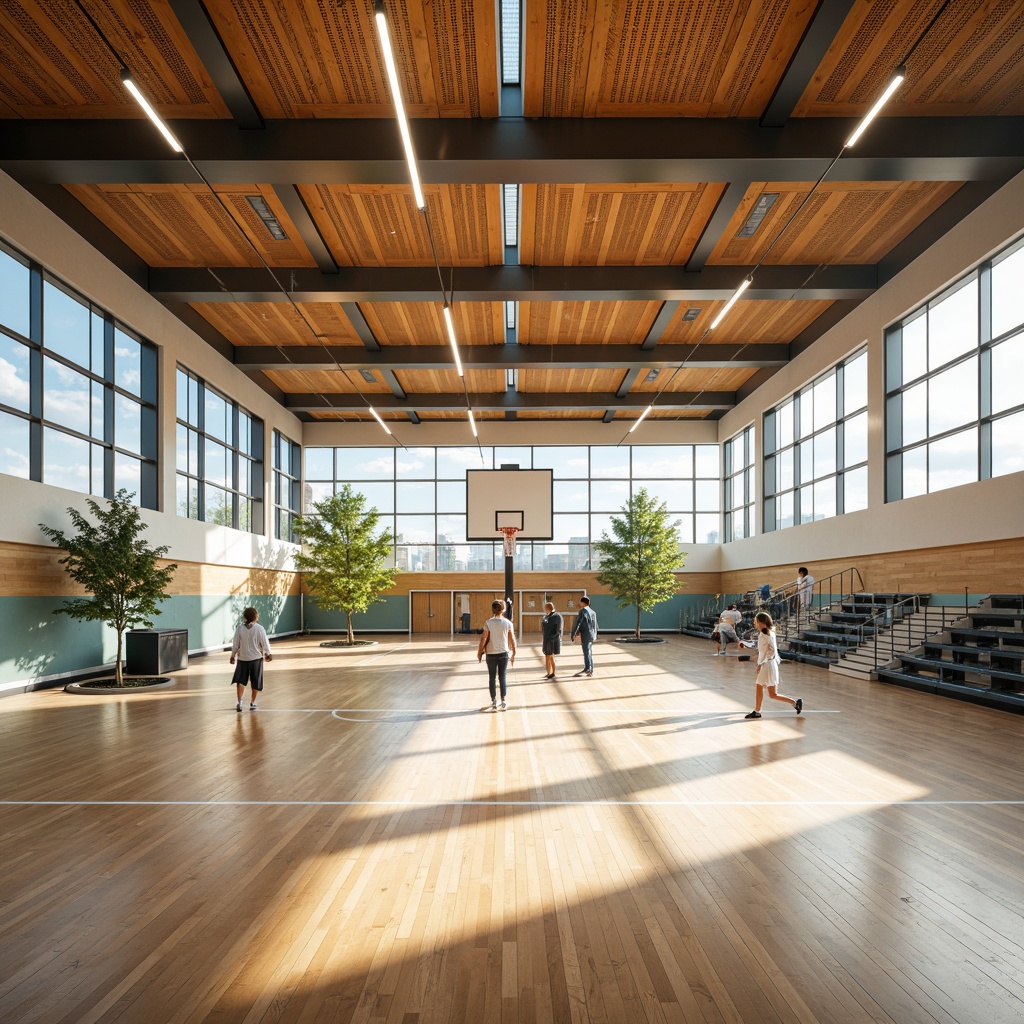 Prompt: Modern gymnasium interior, high ceilings, wooden flooring, sound-absorbing panels, acoustic ceiling tiles, reverberation control systems, echo-reducing materials, sports equipment, basketball hoops, volleyball nets, bleacher seating, natural light, large windows, transparent glass walls, minimal ornamentation, functional design, warm color scheme, soft indirect lighting, shallow depth of field, 1/2 composition, realistic textures, ambient occlusion.