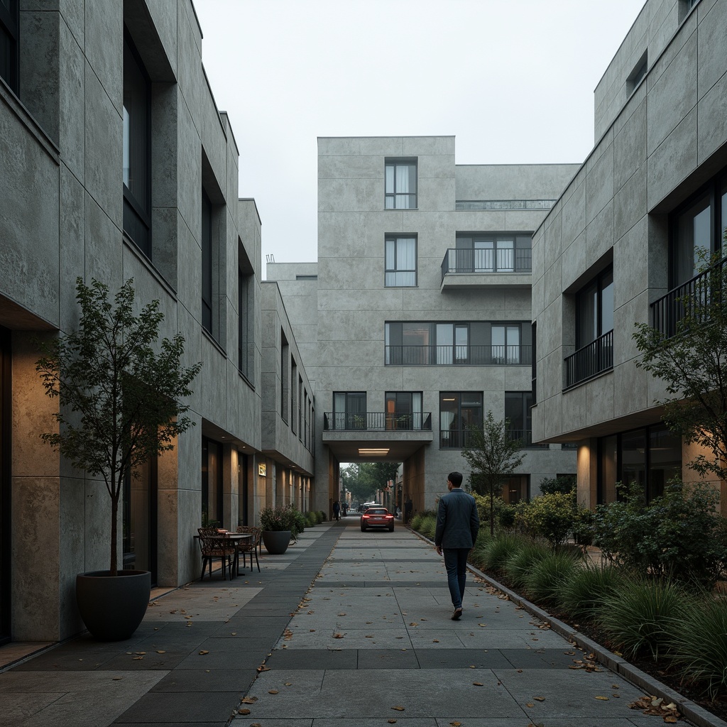 Prompt: Rugged university campus, brutalist architecture, raw concrete facades, fortress-like buildings, geometric shapes, industrial materials, metallic accents, bold color schemes, abstract sculptures, urban landscape, overcast skies, dramatic shadows, high-contrast lighting, cinematic composition, 1/2 frame ratio, atmospheric fog, realistic textures, ambient occlusion.