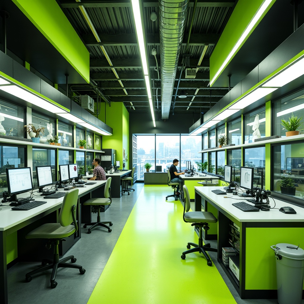 Prompt: Vibrant laboratory interior, bold color scheme, neon green accents, sleek metal equipment, futuristic workstations, ergonomic chairs, minimalist shelving units, industrial-style lighting fixtures, polished concrete floors, modular wall systems, adaptable experimental spaces, dynamic ceiling installations, LED strip lights, high-contrast visual displays, sterile white surfaces, safety glass partitions, precision instruments, advanced microscopy tools, collaborative research environments, natural light infusion, softbox diffused lighting, 1/1 composition, shallow depth of field.