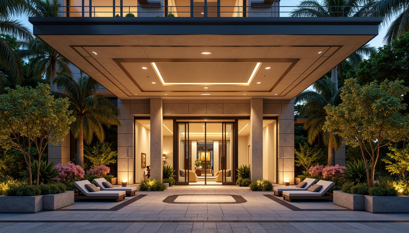 Prompt: Luxurious hotel facade, grand entrance, ornate details, warm golden lighting, inviting porte-cochere, elegant columns, sophisticated stone cladding, large glass windows, sliding doors, lavish landscaping, tropical plants, vibrant flowers, serene water features, modern minimalist design, sleek metal accents, ambient outdoor lighting, shallow depth of field, 1/1 composition, realistic textures, soft focus effect.