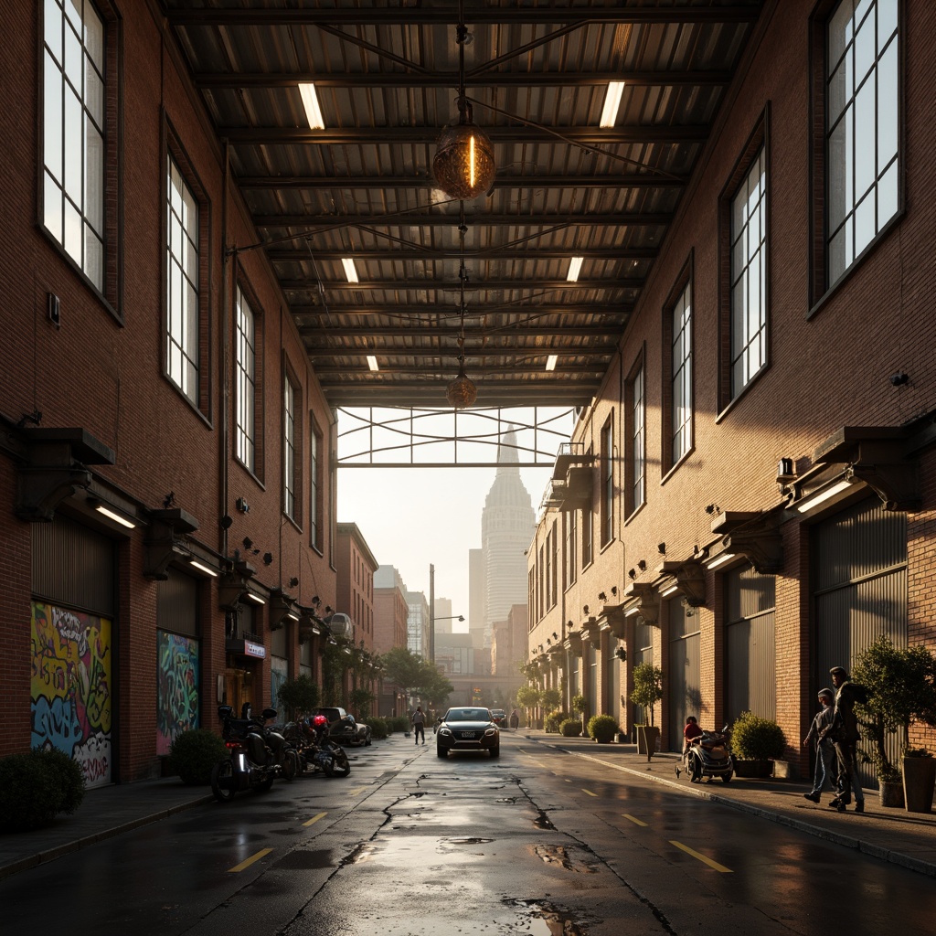 Prompt: Industrial warehouse, exposed brick walls, metallic beams, reclaimed wood accents, neon lights, futuristic machinery, robotic arms, cyberpunk-inspired graffiti, urban cityscape, misty atmosphere, warm golden lighting, shallow depth of field, 1/2 composition, cinematic view, realistic textures, ambient occlusion, rusty metal cladding, corrugated iron sheets, transparent glass roofs, cantilevered structures, angular lines, minimalist design, innovative materials, high-tech gadgets.