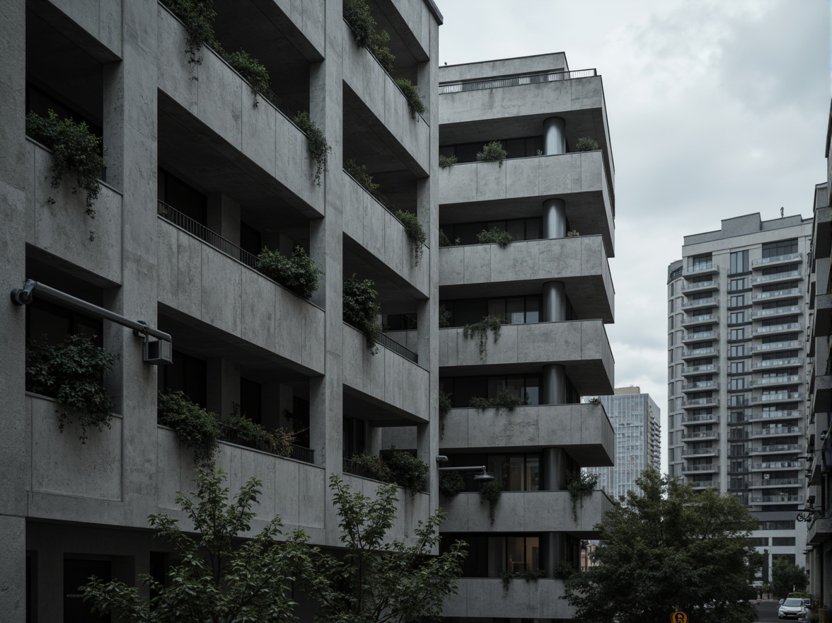 Prompt: Exposed concrete walls, rugged textures, industrial pipes, raw steel beams, minimalist balconies, brutalist architecture, urban cityscape, gloomy overcast sky, dramatic shadows, high-contrast lighting, bold geometric forms, functional simplicity, distressed finishes, poured-in-place concrete, cold monochromatic color palette, 1/1 composition, low-angle shot, cinematic atmosphere, gritty realistic textures.