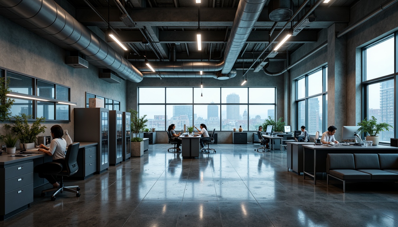 Prompt: Industrial laboratory setting, exposed ductwork, metallic pipes, concrete floors, minimalist aesthetic, functional layout, modular furniture, sleek workstations, futuristic equipment, glass partitions, neon lighting, urban cityscape, rainy day, misty atmosphere, shallow depth of field, 1/1 composition, realistic textures, ambient occlusion.