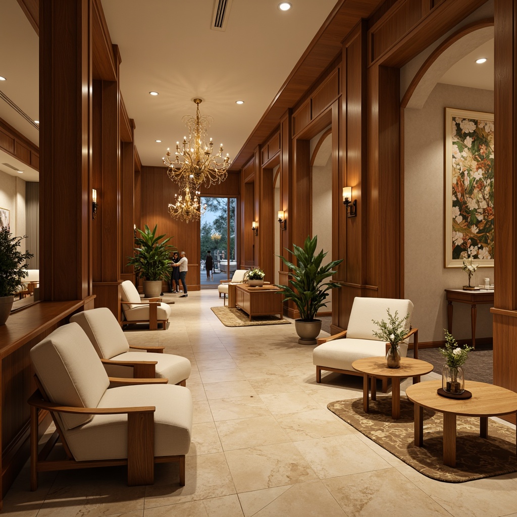 Prompt: Luxurious hotel lobby, rich wood accents, warm beige tones, soft cream hues, velvety upholstery, metallic gold fixtures, elegant chandeliers, natural stone flooring, ambient warm lighting, shallow depth of field, 3/4 composition, panoramic view, realistic textures, inviting atmosphere.