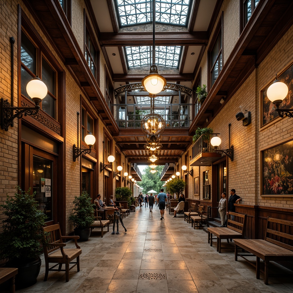 Prompt: Vintage train station, eclectic mix of materials, distressed wood accents, ornate metal fixtures, stained glass ceilings, intricate mosaics, rustic brick walls, polished marble floors, industrial steel beams, reclaimed wooden benches, antique luggage racks, ornamental chandeliers, warm golden lighting, shallow depth of field, 1/1 composition, realistic textures, ambient occlusion.