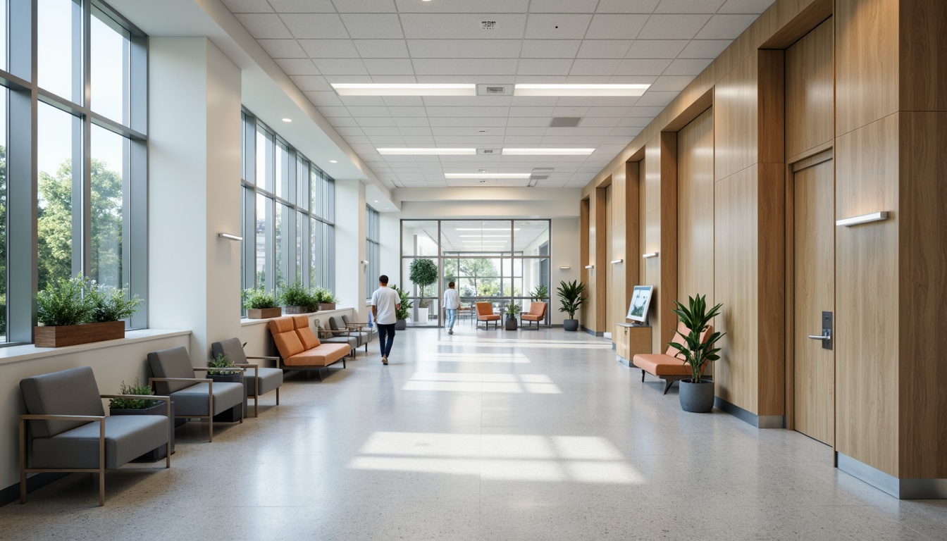 Prompt: Sleek hospital corridors, polished floors, minimalist decor, calming color schemes, natural light, floor-to-ceiling windows, modern medical equipment, stainless steel surfaces, ergonomic furniture, comfortable waiting areas, soothing artwork, subtle textures, ambient lighting, shallow depth of field, 1/1 composition, realistic renderings, soft focus, warm color tones, peaceful atmosphere.