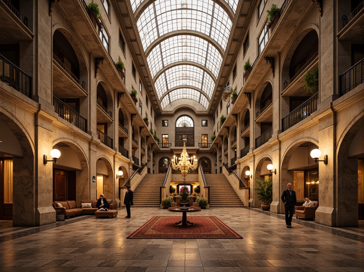 Prompt: Grandiose office building, Romanesque architecture, striking rooflines, ornate stone carvings, arched windows, rusticated walls, grand entranceways, sweeping staircases, polished marble floors, luxurious chandeliers, warm golden lighting, shallow depth of field, 1/1 composition, symmetrical framing, realistic textures, ambient occlusion.