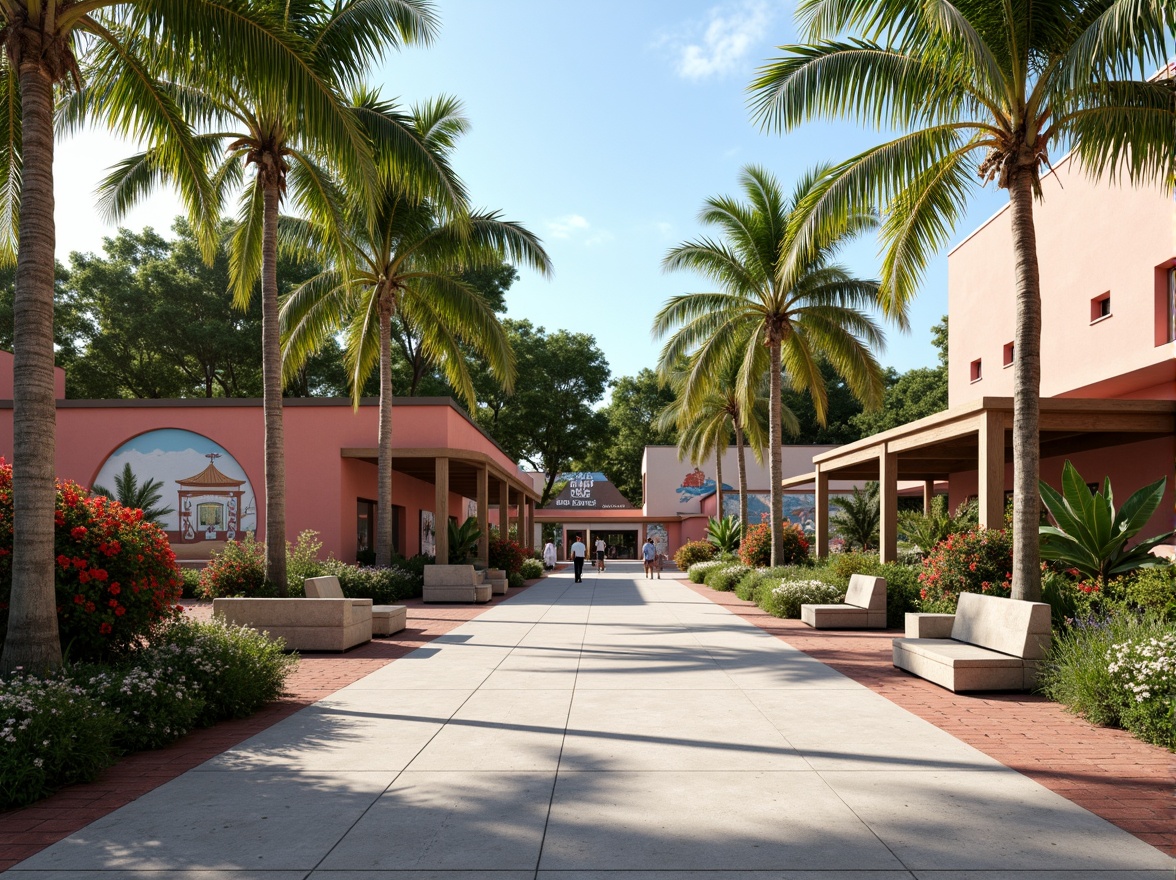 Prompt: Tropical island bus station, lush greenery, swaying palm trees, vibrant hibiscus flowers, natural stone benches, wooden shelters, nautical-themed signage, ocean-inspired murals, coral-colored buildings, modern minimalist architecture, large overhangs, shaded waiting areas, warm sunny day, soft diffused lighting, shallow depth of field, 1/1 composition, panoramic view, realistic textures, ambient occlusion.