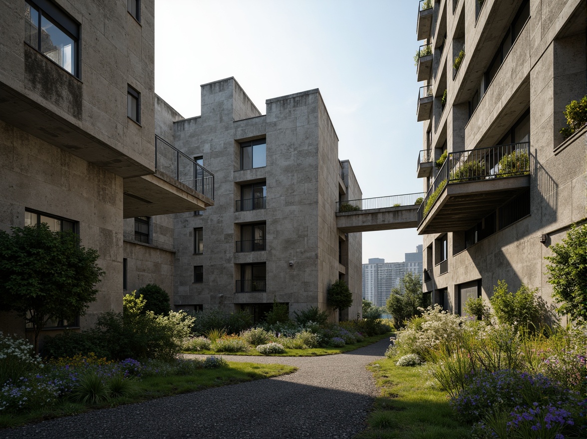 Prompt: Rugged brutalist buildings, raw concrete textures, fortress-like structures, overgrown vegetation, wildflowers, moss-covered walls, weathered steel beams, industrial materials, urban landscape integration, cityscape views, elevated walkways, cantilevered sections, dramatic shadows, harsh natural light, 1/1 composition, symmetrical framing, high-contrast colors, gritty realistic textures, ambient occlusion.