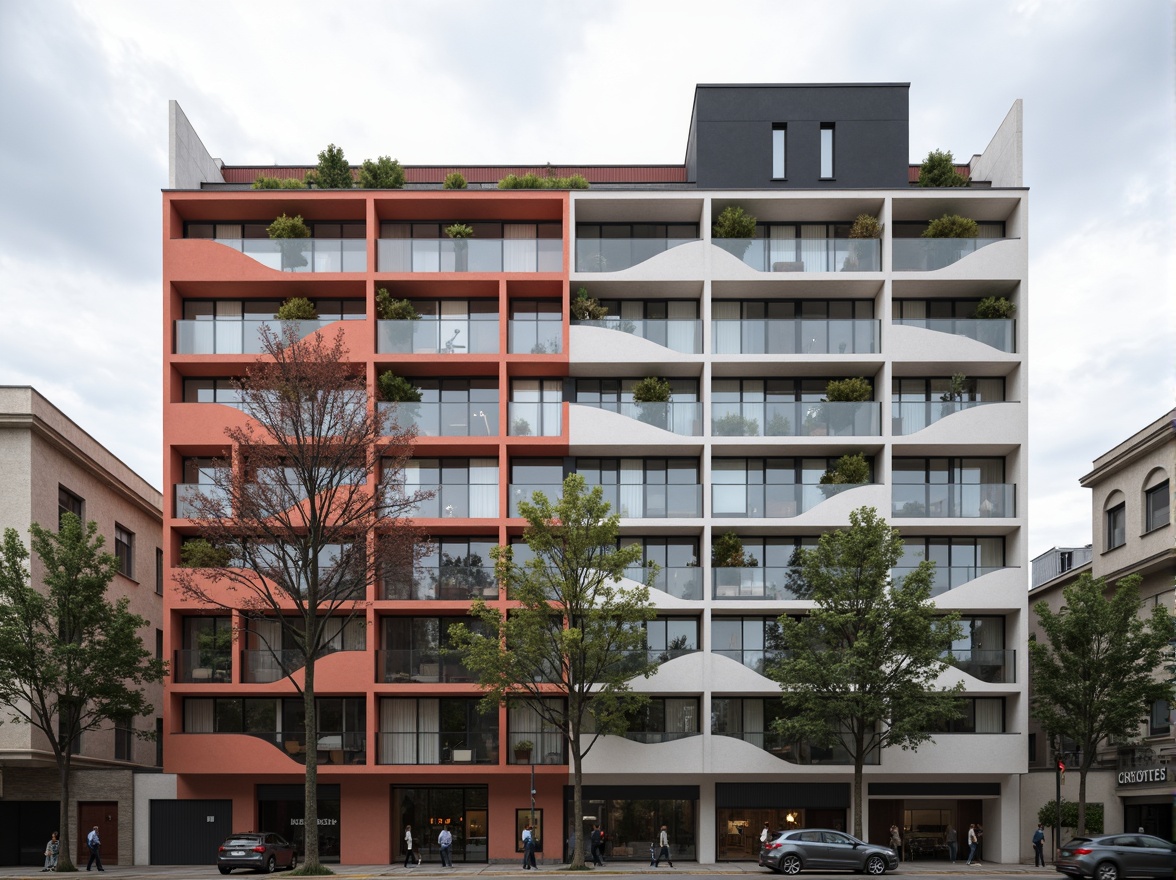 Prompt: Geometric building facade, rectangular forms, primary color scheme, industrial materials, steel frames, glass windows, minimalist ornamentation, functional simplicity, clean lines, right angles, asymmetrical composition, urban cityscape, cloudy sky, soft diffused lighting, shallow depth of field, 2/3 composition, realistic textures, ambient occlusion.