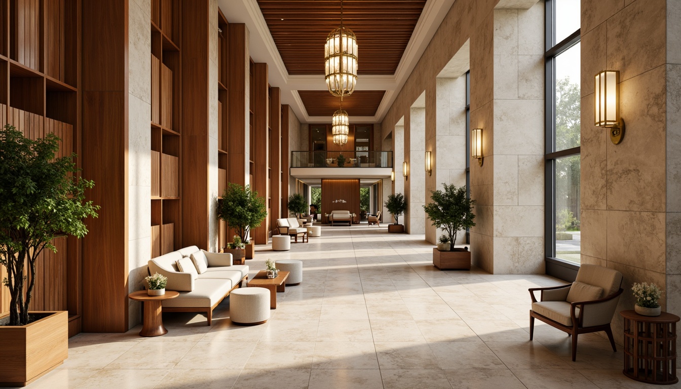 Prompt: Luxurious hotel lobby, rich wood accents, warm beige tones, soft cream hues, velvety upholstery, metallic gold fixtures, elegant chandeliers, sophisticated marble floors, lavish greenery, natural stone walls, floor-to-ceiling windows, abundant natural light, warm ambient lighting, shallow depth of field, 3/4 composition, realistic textures, ambient occlusion.