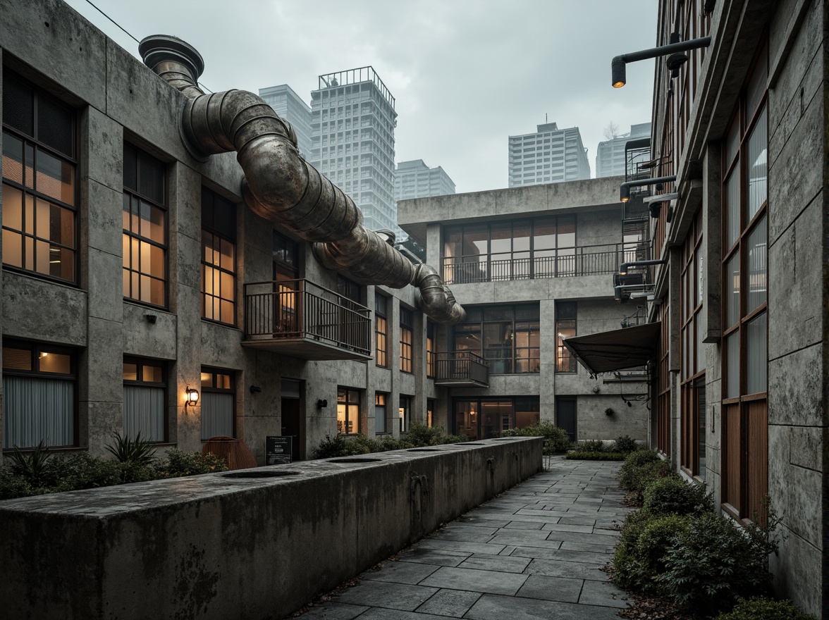 Prompt: Rough concrete walls, exposed ductwork, industrial metal beams, raw brick facades, weathered stone surfaces, distressed wood accents, brutalist monumentality, fortress-like structures, urban cityscape, overcast skies, dramatic shadows, high-contrast lighting, cinematic composition, gritty realistic textures, ambient occlusion.