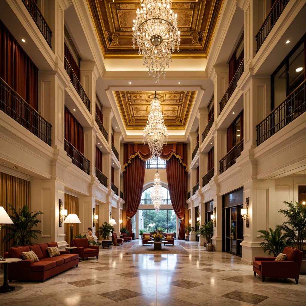 Prompt: Grand hotel lobby, high ceilings, ornate chandeliers, marble floors, symmetrical layout, classical columns, intricate moldings, luxurious furnishings, velvet drapes, golden accents, elegant staircases, spacious ballrooms, crystal chandeliers, refined wood paneling, sophisticated color palette, soft warm lighting, shallow depth of field, 1/1 composition, realistic textures, ambient occlusion.