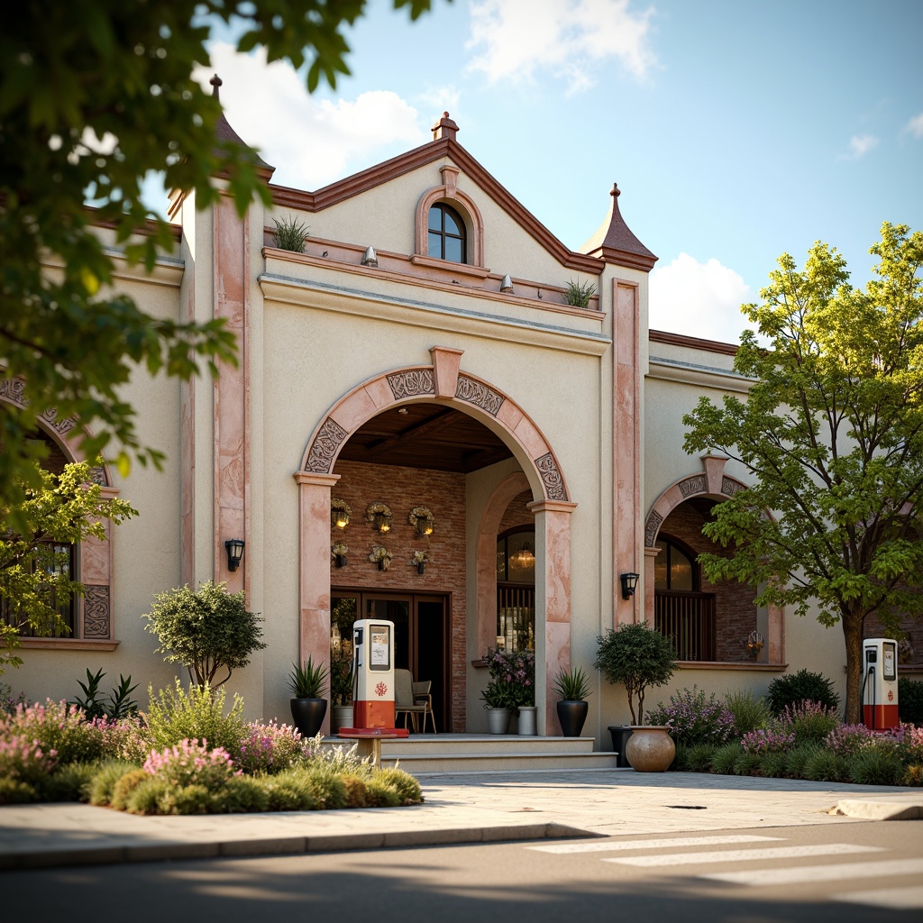 Prompt: Whimsical gas station, ornate fa\u00e7ade, vintage petrol pumps, distressed brick walls, rusty metal accents, floral patterns, soft pastel colors, intricate stonework, grand entrance arches, decorative cornices, ornamental turrets, lush greenery, blooming flowers, warm sunny day, soft golden lighting, shallow depth of field, 1/1 composition, realistic textures, ambient occlusion.