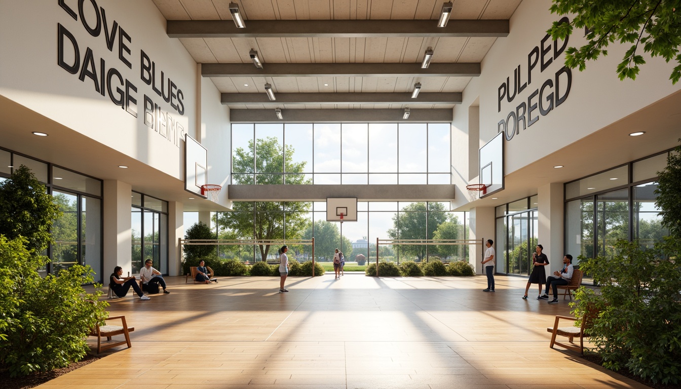 Prompt: Bright gymnasium interior, high ceilings, large windows, natural light pouring in, wooden flooring, athletic equipment, basketball hoops, volleyball nets, exercise machines, mirrored walls, motivational quotes, modern architecture, minimalist design, sleek lines, abundant greenery, lush plants, warm color tones, soft shadows, shallow depth of field, 1/1 composition, realistic textures, ambient occlusion.