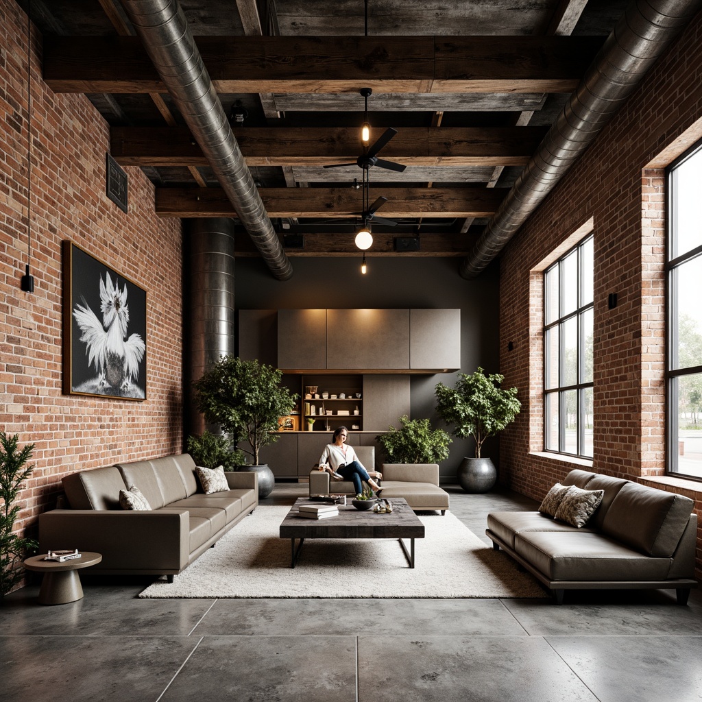 Prompt: Exposed brick walls, metal beams, reclaimed wood accents, industrial-style lighting fixtures, concrete floors, urban loft atmosphere, modern minimalist decor, functional modular furniture, sleek metallic surfaces, bold color schemes, geometric patterns, distressed textures, edgy architectural lines, open floor plans, high ceilings, natural light pouring in, dramatic shadows, 3/4 composition, shallow depth of field, realistic renderings.