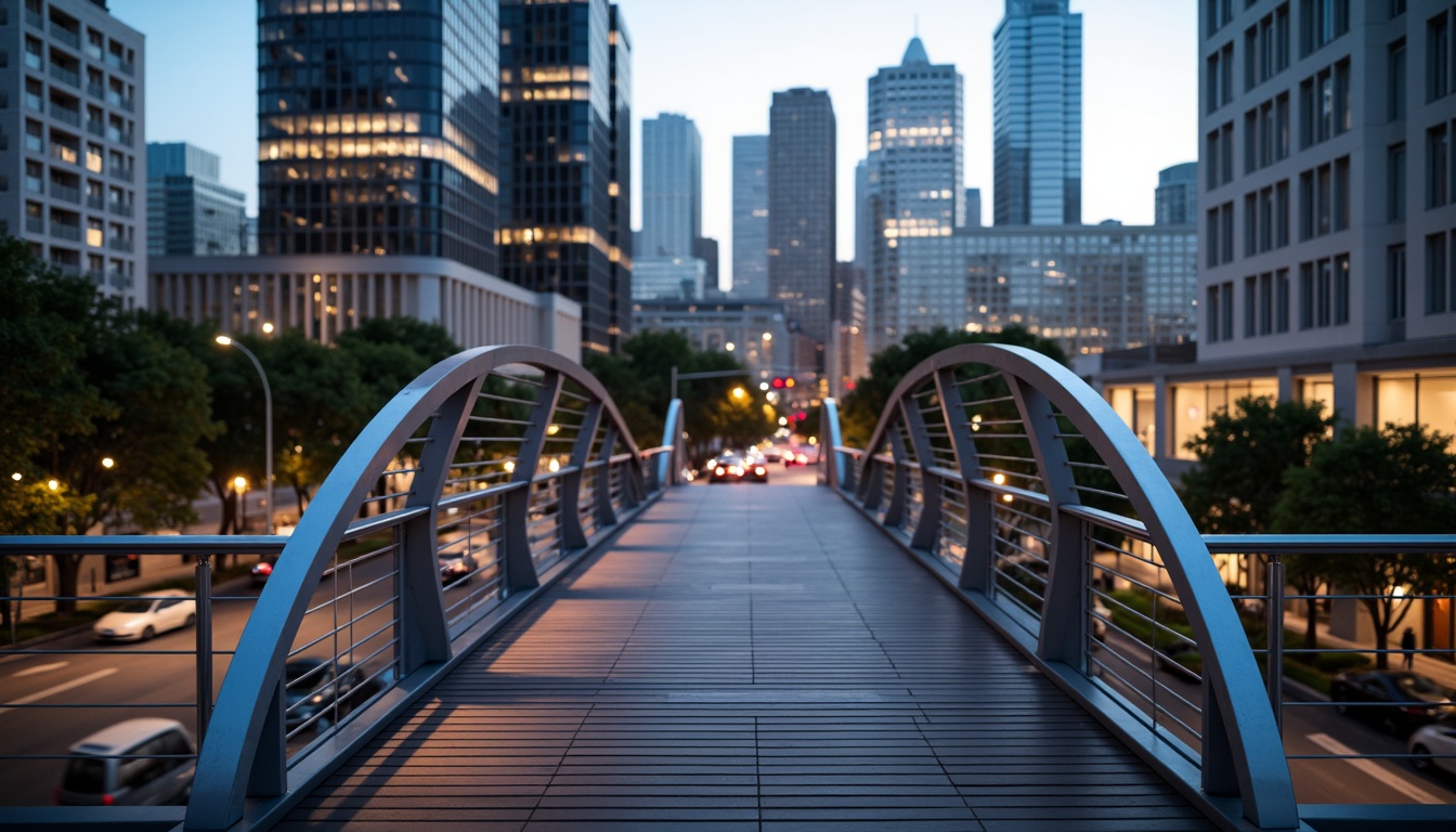 Prompt: Curved pedestrian bridge, sleek metal railings, wooden decking, modern urban landscape, city skyline, busy streets, vibrant streetlights, evening atmosphere, soft warm glow, shallow depth of field, 3/4 composition, panoramic view, realistic textures, ambient occlusion, structural columns, cantilevered sections, suspension cables, diagonal bracing, geometric shapes, minimalist design, functional aesthetics, pedestrian-friendly infrastructure, accessible ramps, safety handrails, urban connectivity.