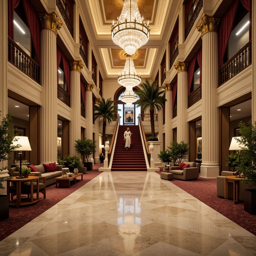 Prompt: Grand hotel entrance, neoclassical columns, ornate carvings, polished marble floors, crystal chandeliers, sweeping staircases, luxurious furnishings, velvet drapes, gold accents, intricate moldings, symmetrical composition, warm soft lighting, shallow depth of field, 1/1 aspect ratio, realistic textures, ambient occlusion.