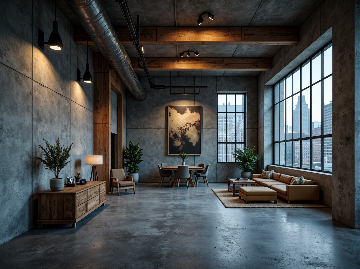 Prompt: Exposed concrete walls, industrial metal beams, raw wood accents, brutalist architecture, urban loft atmosphere, monochromatic color scheme, dark grey tones, cold blue hues, warm beige undertones, rough textures, distressed finishes, reclaimed wood furniture, minimalist decor, functional lighting, overhead industrial lamps, concrete floors, industrial-style windows, cityscape views, moody atmospheric lighting, high contrast ratio, dramatic shadows, 3/4 composition, cinematic framing.