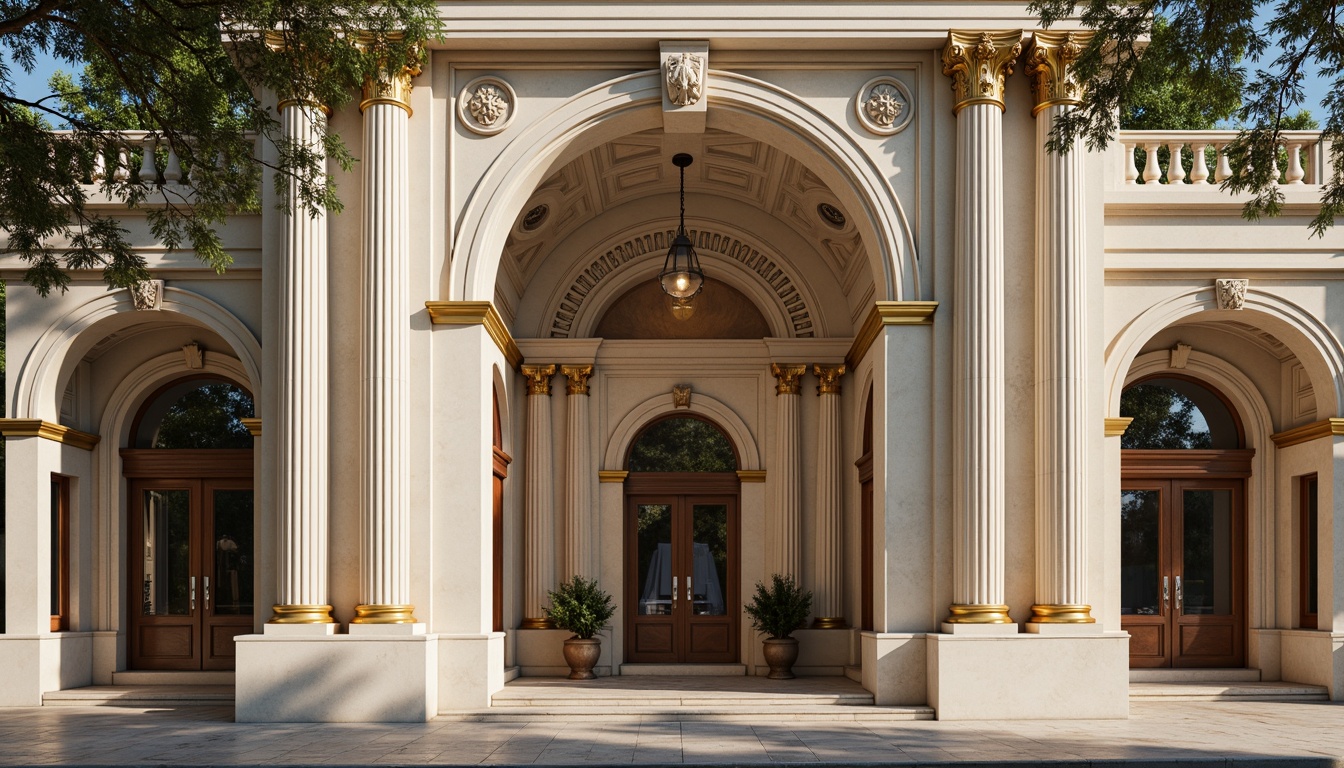 Prompt: Elegant neoclassical architecture, ornate columns, intricately carved details, grandiose entranceways, symmetrical facades, soft creamy whites, warm beige tones, rich gold accents, deep navy blues, subtle earthy browns, luxurious marble textures, ornamental moldings, refined stucco finishes, dramatic chiaroscuro lighting, high contrast ratios, 2/3 composition, atmospheric perspective, realistic reflections, ambient occlusion.