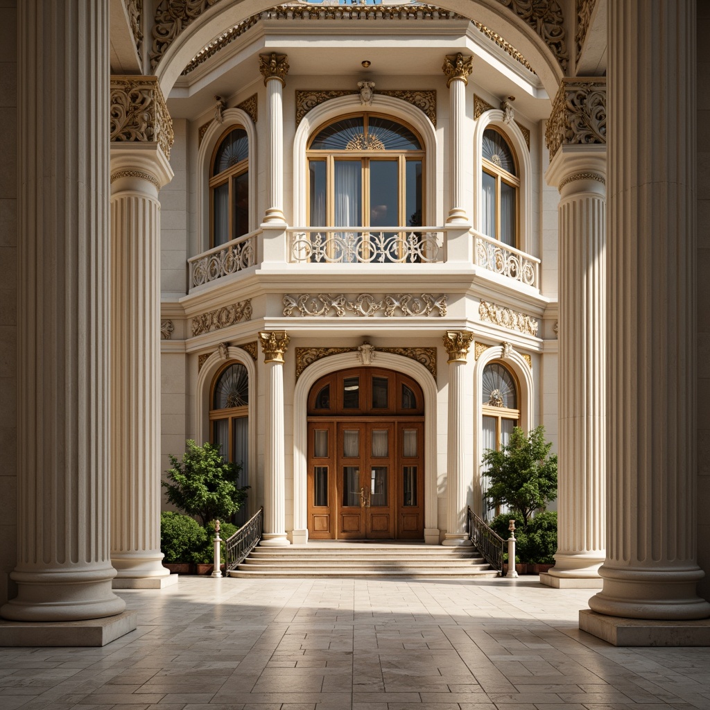 Prompt: Elegant neoclassical architecture, ornate columns, intricately carved details, grandiose entranceways, symmetrical facades, soft creamy whites, warm beige tones, rich gold accents, deep navy blues, subtle earthy browns, luxurious marble textures, ornamental moldings, refined stucco finishes, dramatic chiaroscuro lighting, high contrast ratios, 2/3 composition, atmospheric perspective, realistic reflections, ambient occlusion.