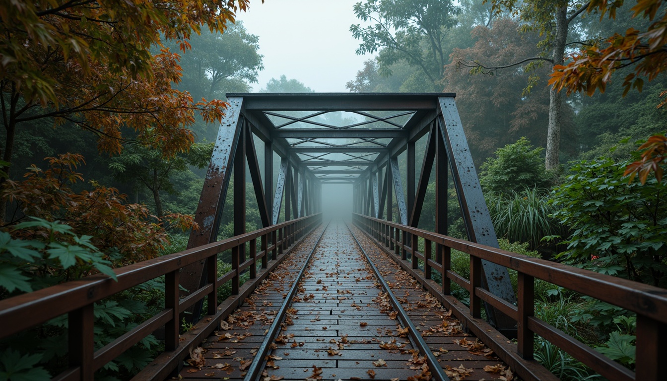 Prompt: Rustic steel bridges, industrial-era aesthetic, weathered metal textures, warm earthy tones, muted blue-grey hues, rich brown wood accents, vibrant greenery surroundings, misty atmospheric effects, soft natural lighting, shallow depth of field, 2/3 composition, cinematic view, realistic reflections, ambient occlusion.