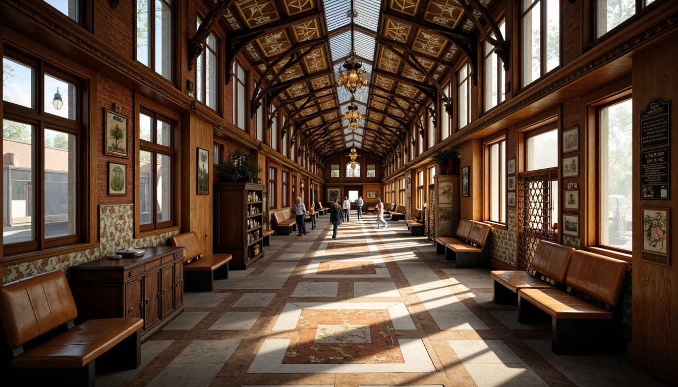 Prompt: Vintage train station, eclectic mix of materials, distressed wood accents, ornate metal fixtures, stained glass ceilings, intricate mosaics, rustic brick walls, polished marble floors, industrial steel beams, reclaimed wooden benches, antique luggage racks, ornamental chandeliers, warm golden lighting, shallow depth of field, 1/1 composition, realistic textures, ambient occlusion.