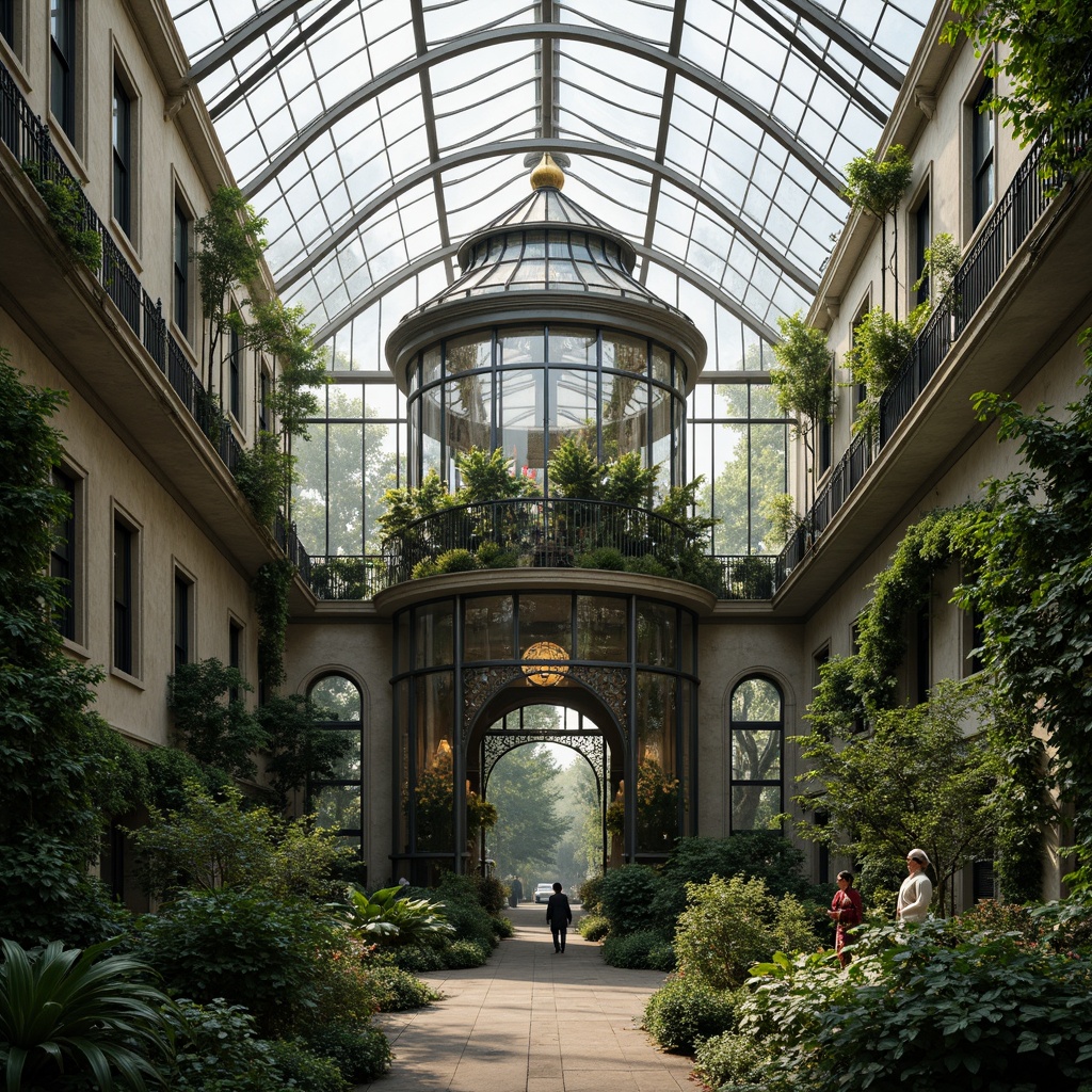 Prompt: Elegant greenhouse, ornate metal frames, lush greenery, exotic plants, Victorian-era inspired architecture, intricate glass details, curved lines, symmetrical facades, grand entranceways, decorative finials, ornamental ridges, natural stone foundations, rustic wooden accents, soft warm lighting, misty atmosphere, shallow depth of field, 1/1 composition, realistic textures, ambient occlusion.