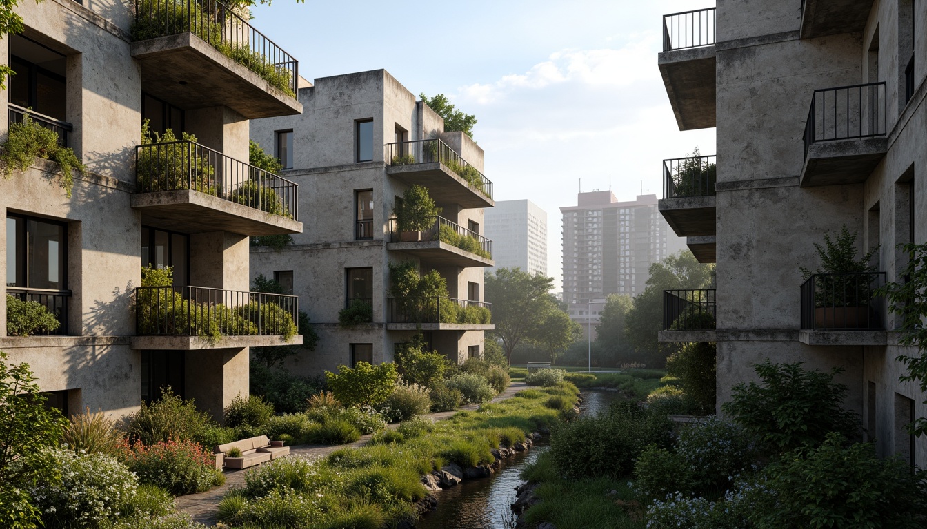 Prompt: Rugged brutalist buildings, raw concrete textures, fortress-like structures, overgrown vegetation, wildflowers, moss-covered walls, weathered steel beams, industrial materials, urban landscape integration, cityscape views, elevated walkways, cantilevered sections, dramatic shadows, harsh natural light, 1/1 composition, symmetrical framing, high-contrast colors, gritty realistic textures, ambient occlusion.