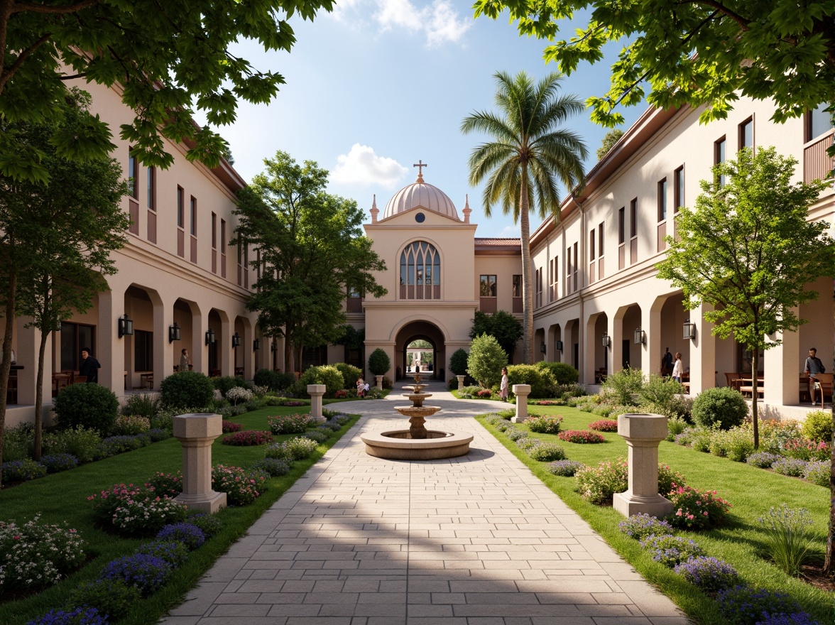 Prompt: \Serene church courtyard, lush greenery, vibrant flowers, ornate fountains, walking paths, benches, classical columns, symmetrical architecture, grand entrance, stone statues, manicured lawns, seasonal blooming plants, sunny day, soft warm lighting, shallow depth of field, 3/4 composition, panoramic view, realistic textures, ambient occlusion.\Let me know if you need any adjustments!