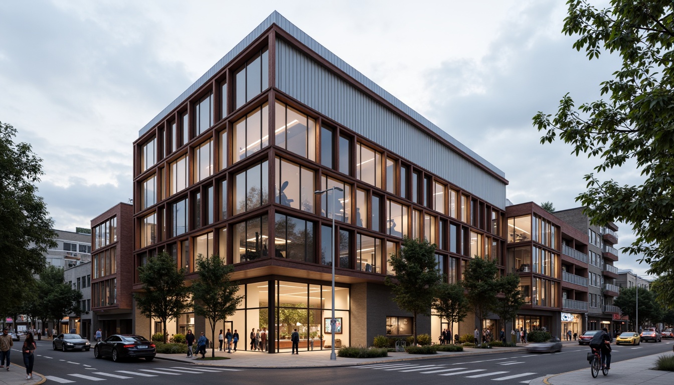 Prompt: Industrial factory building, exposed brick facade, steel frame structure, large windows, metal cladding, corrugated roofs, functional minimalism, brutalist architecture, urban landscape, busy streets, modern cityscape, cloudy sky, soft diffused lighting, shallow depth of field, 2/3 composition, realistic textures, ambient occlusion.