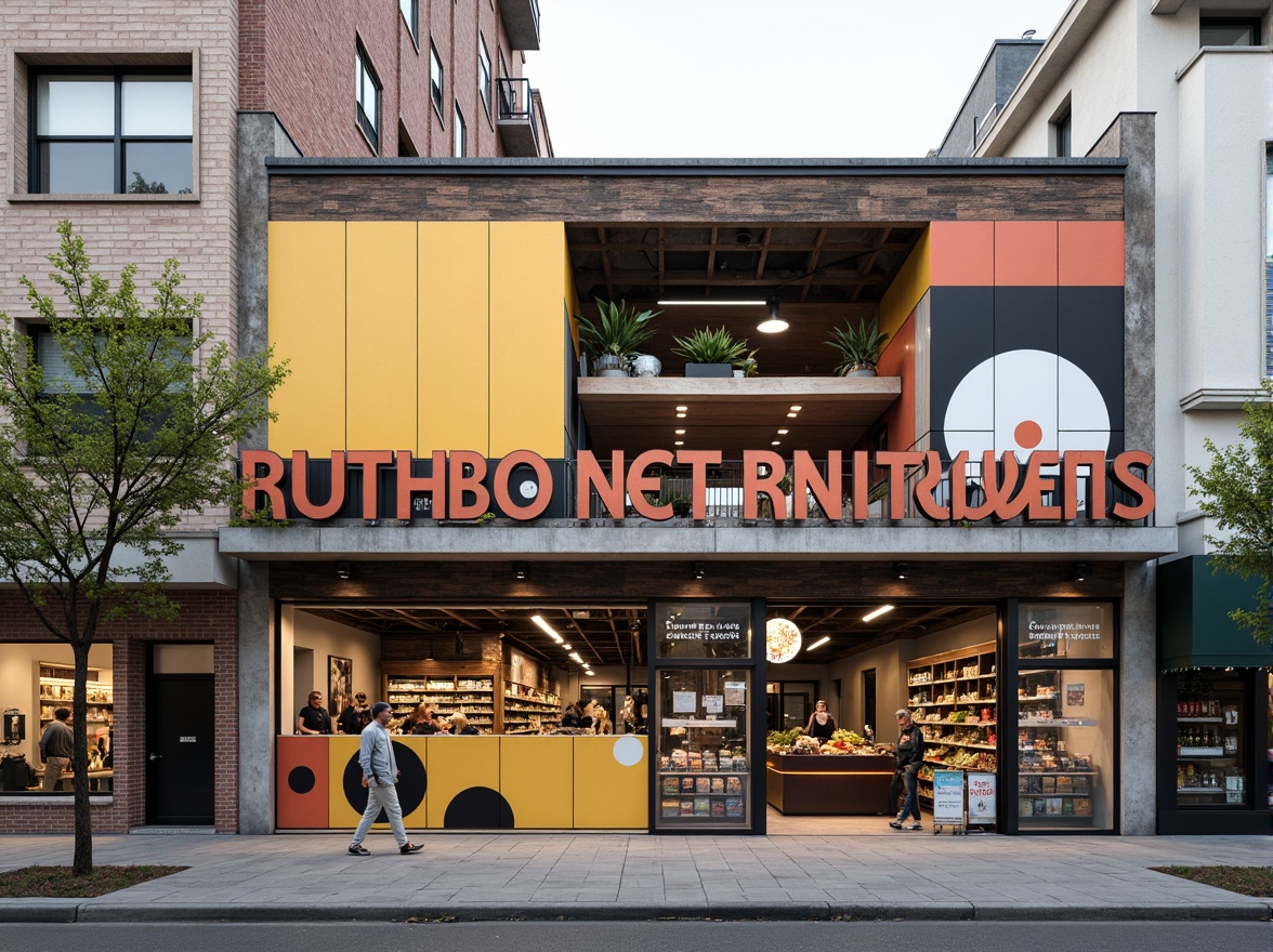 Prompt: Deconstructed grocery store facade, fragmented forms, irregular shapes, bold color blocking, distressed finishes, industrial materials, exposed ductwork, metallic accents, abstract signage, playful typography, urban context, busy street scene, morning light, soft shadows, shallow depth of field, 1/1 composition, realistic textures, ambient occlusion.