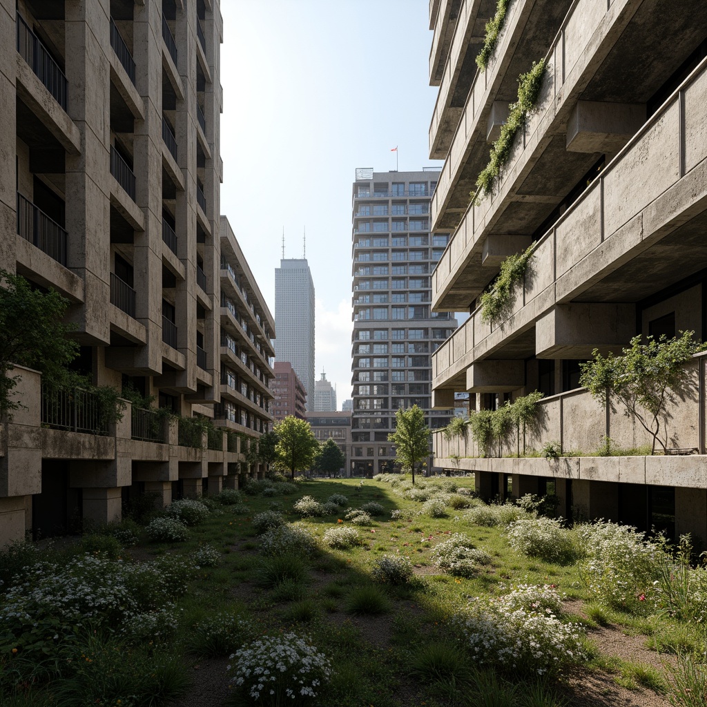 Prompt: Rugged brutalist buildings, raw concrete textures, fortress-like structures, overgrown vegetation, wildflowers, moss-covered walls, weathered steel beams, industrial materials, urban landscape integration, cityscape views, elevated walkways, cantilevered sections, dramatic shadows, harsh natural light, 1/1 composition, symmetrical framing, high-contrast lighting, gritty realistic textures, ambient occlusion.