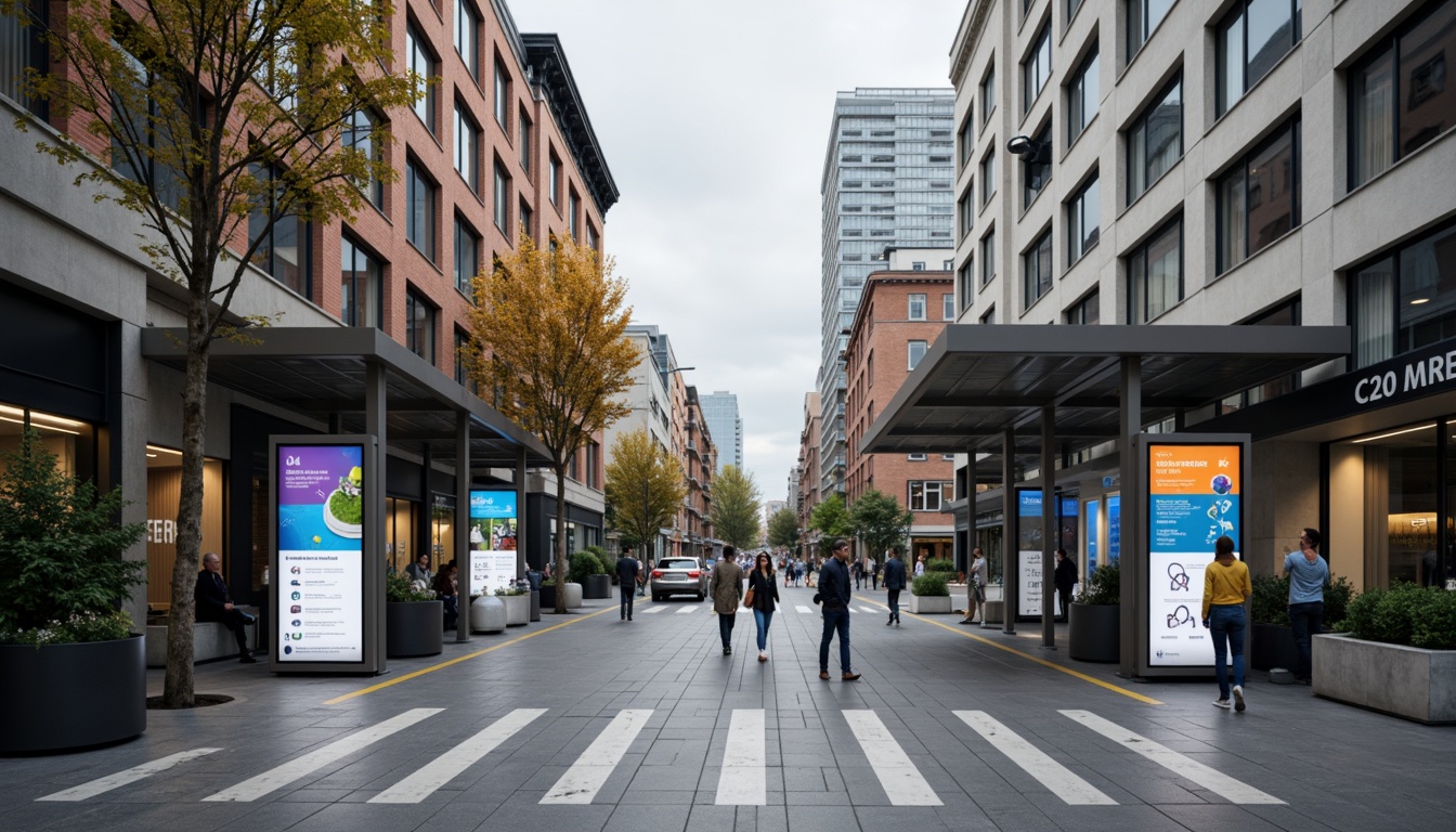 Prompt: Modern wayfinding signage, sleek metal frames, digital displays, interactive kiosks, clear typography, vibrant color schemes, intuitive navigation, pedestrian-friendly infrastructure, urban cityscape, bustling streets, morning commute, soft natural lighting, shallow depth of field, 1/1 composition, realistic textures, ambient occlusion.