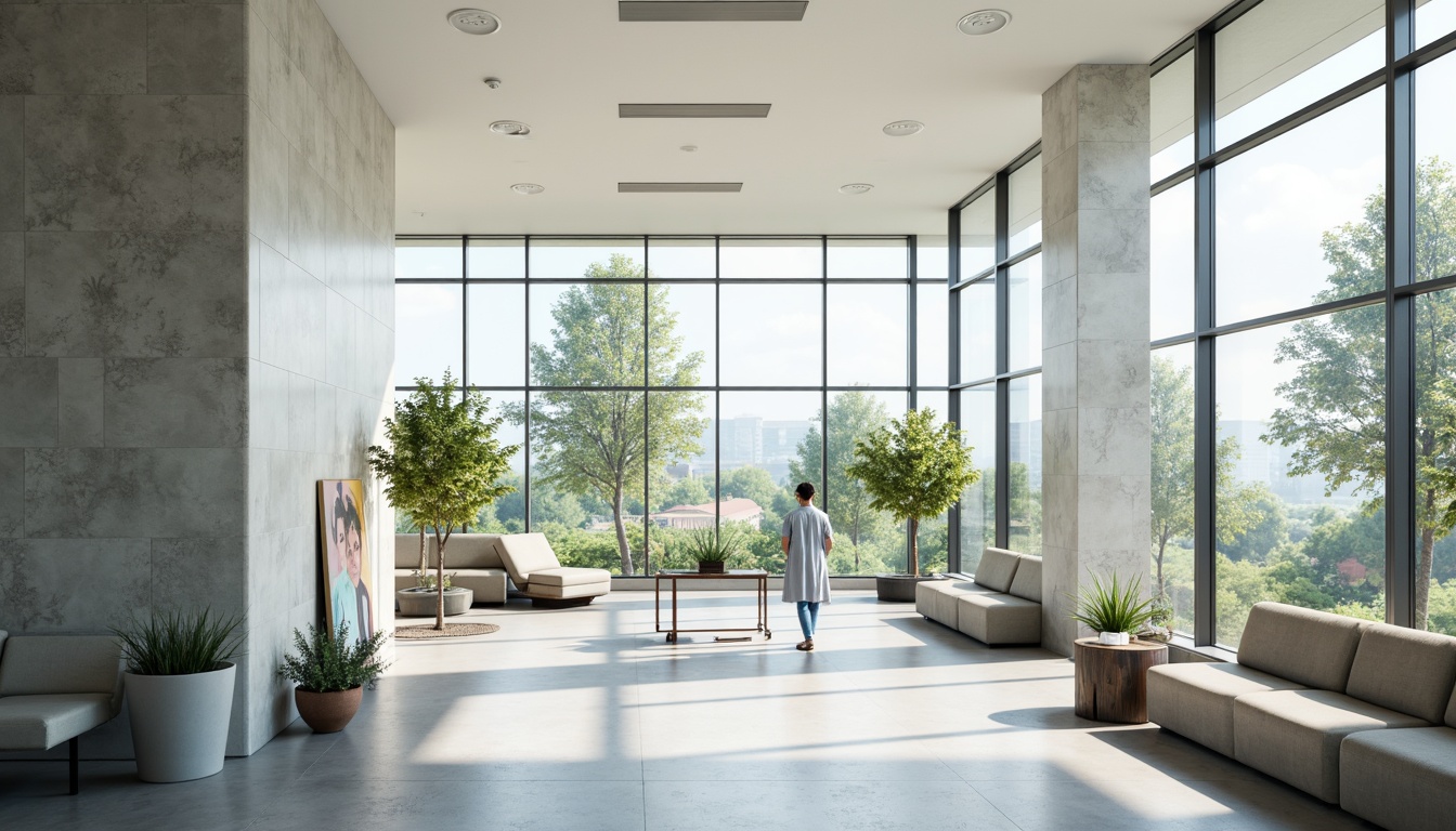 Prompt: Minimalist hospital interior, abundant natural light, floor-to-ceiling windows, sleek metal frames, polished concrete floors, calming white walls, sparse greenery, modern medical equipment, stainless steel surfaces, subtle ambient lighting, soft warm color palette, shallow depth of field, 1/1 composition, realistic textures, ambient occlusion, serene atmosphere, peaceful waiting areas, comfortable patient rooms, efficient nurse stations.