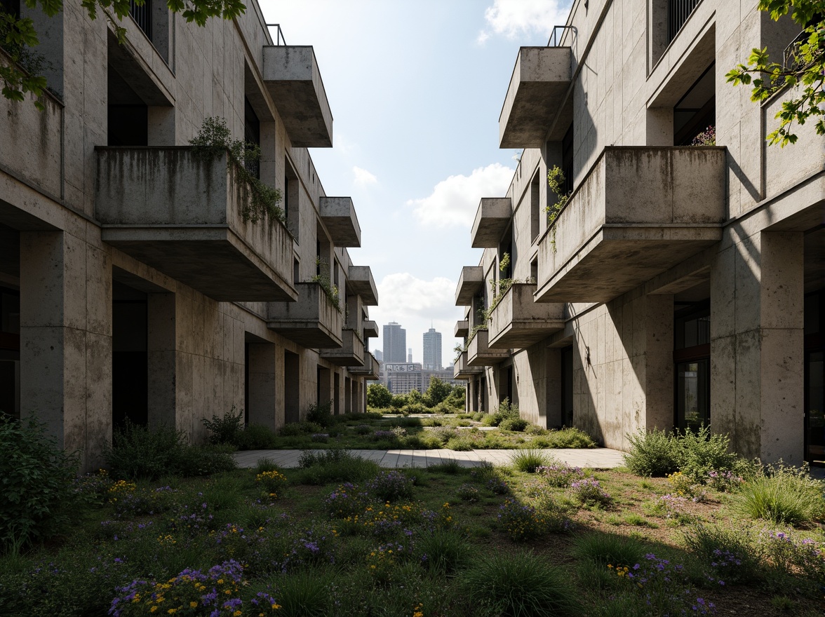 Prompt: Rugged brutalist buildings, raw concrete textures, fortress-like structures, overgrown vegetation, wildflowers, moss-covered walls, weathered steel beams, industrial materials, urban landscape integration, cityscape views, elevated walkways, cantilevered sections, dramatic shadows, harsh natural light, 1/1 composition, symmetrical framing, high-contrast lighting, gritty realistic textures, ambient occlusion.