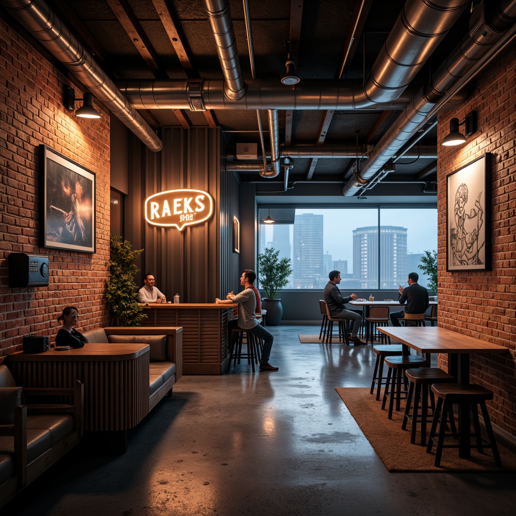 Prompt: Exposed brick walls, distressed concrete floors, metallic beams, industrial pipes, reclaimed wood accents, corrugated metal cladding, neon-lit signage, futuristic LED lighting, minimalist decor, urban cityscape views, foggy atmosphere, cinematic low-key lighting, shallow depth of field, 2/3 composition, realistic reflections, ambient occlusion.